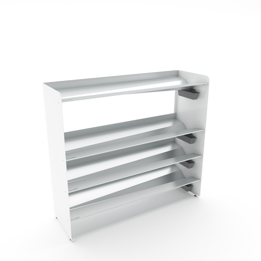 RAKABOT high-capacity footwear storage  4 Tier / Shelf 46.25" silver color / Pure white powder coated side panels/ Height 42" / Levelers / Store 20 pairs