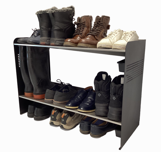 Rakabot Signature 2 tier chic and classy water and mud collecting shoe and boot rack that stores 7 pairs.  Stainless steel shelves. Powder coated mate black side panels. For a perfect entrance all year long. Made In Canada Invention.